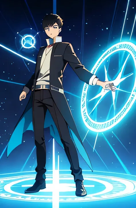 masterpiece, best quality, illustration, 1boy, solo, black spiky hair, blue-eyes, with magical circle in his under feet, full body
