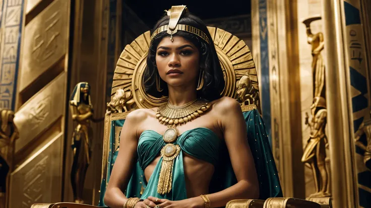 zendaya portrayed as cleopatra, serious look, sitting on her majestic throne, egyptian royal throne room adorned with lots of go...