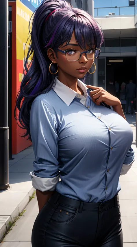 (best quality:1.5, highres, UHD, 4K, detailed lighting, shaders), blue floral haired, gradient hair, large breasts, suit, gray shirt, social shirt, short pants, mature woman with glasses, (pov), white background, colorful eyeshadow, dramatic lighting, spar...