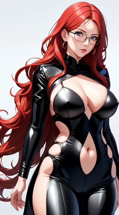 (best quality:1.5, highres, UHD, 4K, detailed lighting, shaders), red wavy haired, gradient hair, large breasts, suit, social long pants, mature woman with glasses, (pov), white background, colorful eyeshadow, dramatic lighting, sparkling eyes, sensual exp...