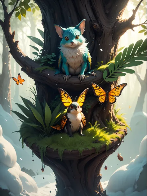 luminism, cinematic, 32k, photorealistic,  stars, sparks,   highly detailed  close up super cute spring bird of paradise fluffy  pixie gremlin creature  sitting on a tree branch,  surrounded spring  landscape,  highly detailed glittering scales, curly fur,...