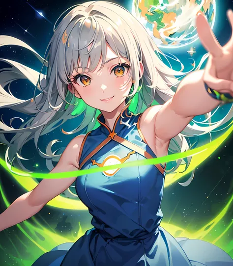 masterpiece, best quality, 1 girl, gray hair, orange eyes, (blue outfit:1.5), smile, (green background:1.2), green lights, (upper body:1.1), (ethereal background), (earth in background:1.5), (green and blue:1.3)