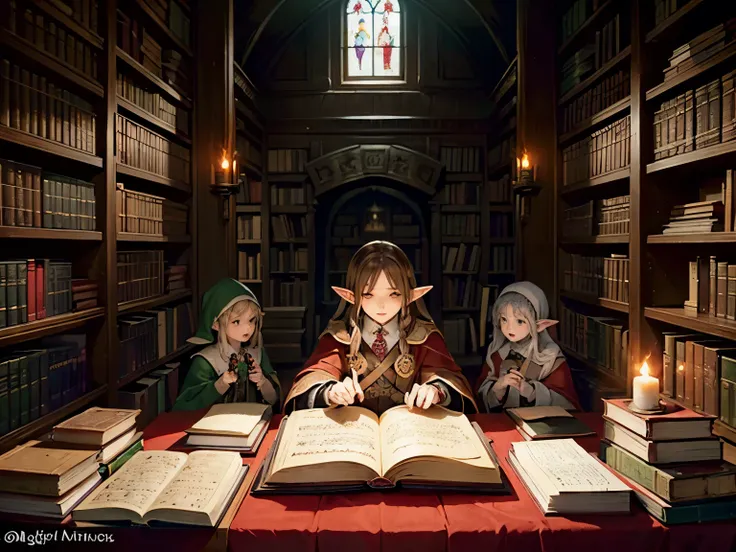 (multiple Elves,studying ancient books),shadows,dark ambiance,enchanted library,soft candlelight,aged parchment,dimly lit room,stained glass windows,mysterious symbols,magic spells,mystical atmosphere,whispering voices,musty smell,crackling fire,secrets of...