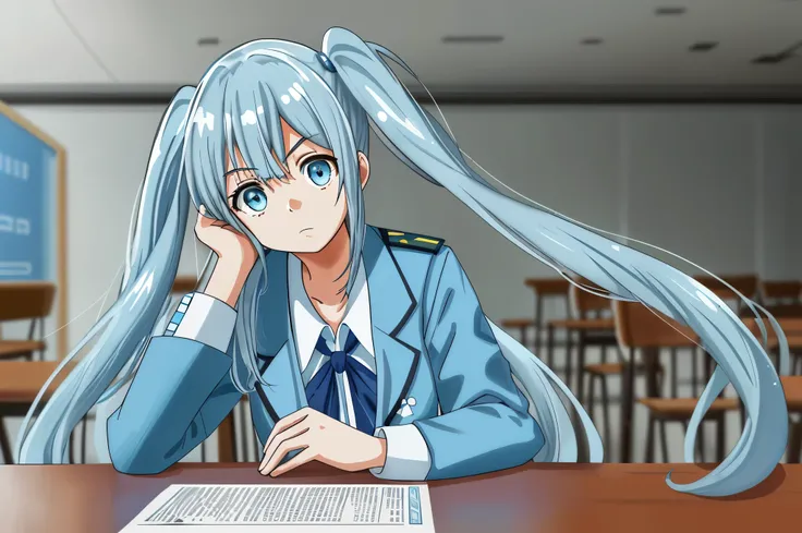 ((best quality))， light blue long hair　Beautiful girl with twin tails　Wearing a light blue uniform，Take a seat in the class，Place your hands parallel to the table,Heading into the test with a serious face　bring your face closer，（master piece），