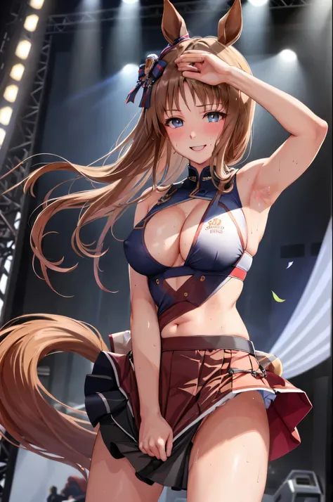 (sexy dance show:1.2),(arm down,skirt tug,wind lift:1.5),grass wonder (umamusume),good anatomy, masterpiece, best quality,realistic, hyperrealistic, 16k hdr,(red blush,smile:1.2),(Live Stage:1.3),(see through costume:1.2),Stage costumes,Horse tail,ultra mi...