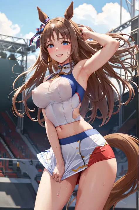 (sexy dance show:1.2),(arm down,skirt tug,wind lift:1.5),grass wonder (umamusume),good anatomy, masterpiece, best quality,realistic, hyperrealistic, 16k hdr,(red blush,smile:1.2),(outdoor,Live Stage:1.3),(see through costume:1.2),Stage costumes,Horse tail,...