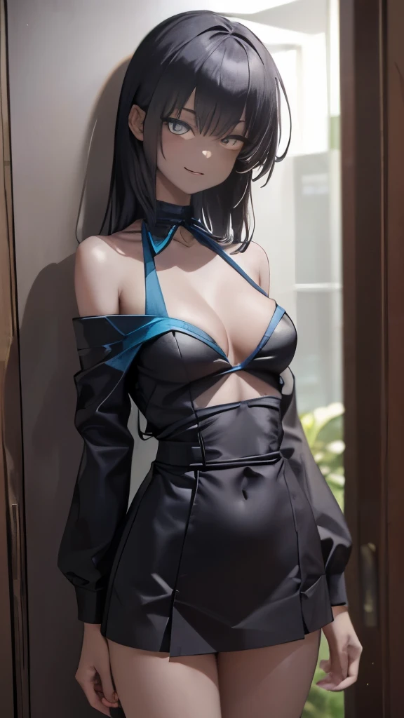 (masterpiece: 1.6, 最high quality), (fine and beautiful eyes: 1.2), (overhead), high quality, beautiful face, 1 girl, 柔らかい生地のthin灰色のタイトワンピース、thin、off shoulder、long sleeve, Long breasts、big breasts, long hair, wide hips, (landscaped),background, Detail backg...