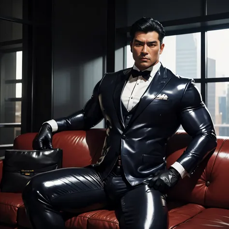 30 years old,daddy,"shiny suit ",dad sat on sofa,k hd,in the office,"big muscle", gay ,black hair,asia face,masculine,strong man...