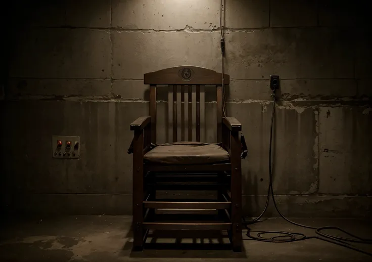 create a picture of an electric chair on death row, execution, morte, hiperrealístico, high quality, 4k