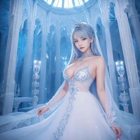 ((highest quality、table top、8K、best image quality、extremely complex and detailed depiction))、one snow princess、(Snow Maiden in the most luxurious palace made of ice:1.1)、(The most elaborate and luxurious sparkling ice palace cathedral:1.2)、(Inside the most...