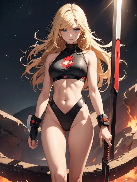 1girl, medium breasts, leotard, black leotard with red accents, sleeveless, midriff, bare legs, boots, matching boots, bracelets, mars backdrop, solo, single, standing, full body shot, cowboy shot, beautiful detailed eyes, blonde hair, medium hair, superhe...