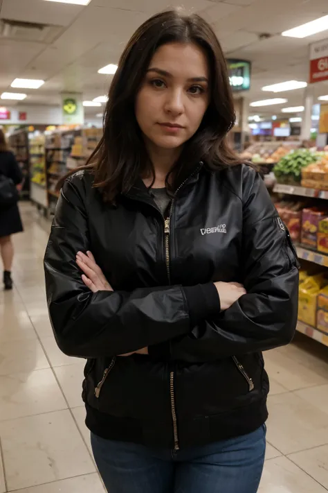 Medium shot of 40-year-old woman crossing her arms, vestida con campera de cuero negro y anteojos de sol cuadrados, escondida por detras de un pasillo de supermercado 