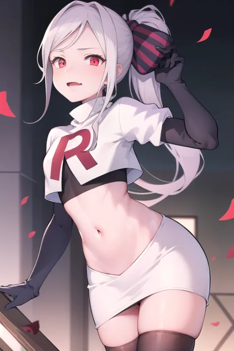 masterpiece, best quality, ShalltearV4, 1girl, solo, bow, hair bow, fang, pale skin, glowing, glowing eyes, team rocket,team rocket uniform,white skirt,red letter R,crop top,black thigh-highs,black elbow gloves