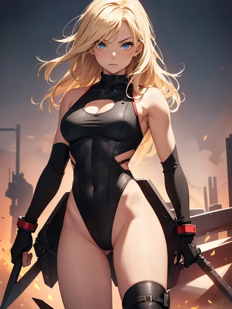 1girl, medium breasts, leotard, black leotard with red accents, sleeveless, midriff, bare legs, boots, matching boots, bracelets, mars backdrop, solo, single, standing, full body shot, cowboy shot, beautiful detailed eyes, blonde hair, medium hair, superhe...