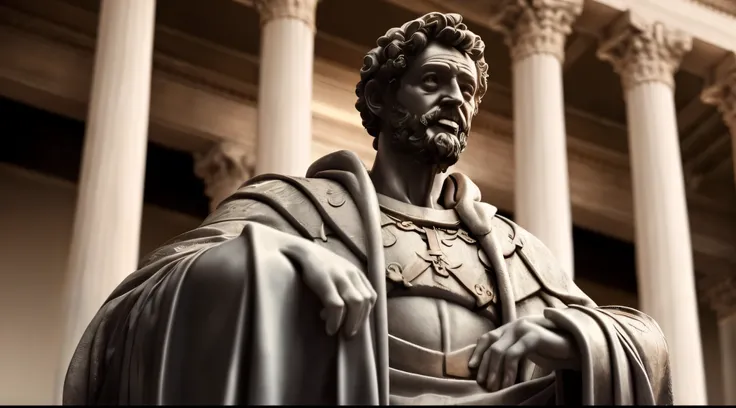 Marcus Aurelius, Close-up of a classical wise Greek philosopher, Statue in a temple, Postura estoica, deus grego, wisdom, cinematic feel, Preto e branco, ultra realistic, Ultra detalhado e artesanal em todos os aspectos, Escuro,  (8k, Foto RAW, melhor qual...