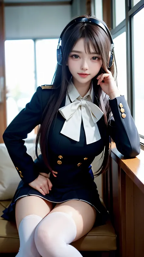 star、Supermodel、Perfect build、Muchimuchi、Three girls are looking at the viewer、girl、、Thighhighs、beautiful feet、、cyber punk、headphone、gentle smile、seen by girls、Innocent face、Military Uniform Lolita