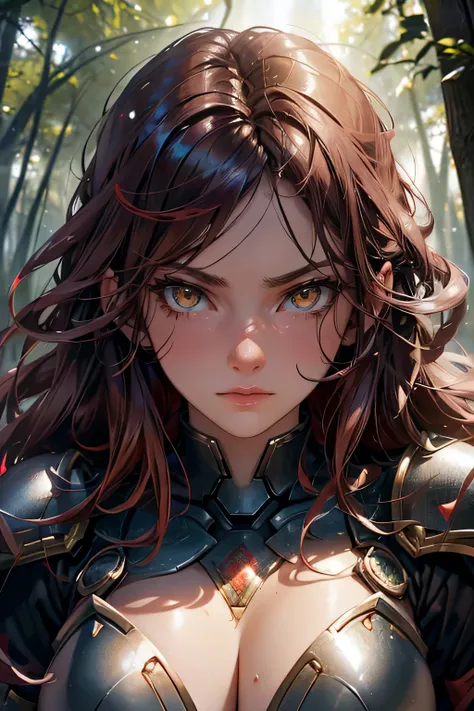 (fantasy,photorealistic),woman in armor,beautiful detailed face, beautiful detailed eyes, big breasts,ready for battle,evoking power,red and dark,eye-catching colors,mesmerizing red eyes,background of lush forest,natural light effect,ultra-detailed armor t...