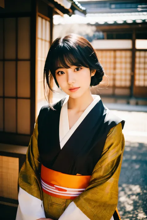 20-year-old Japanese supermodel girl，black hair，Ukiyo-e kimono，Japanese road background，A ray of light，beautiful facial lighting，big deal，Photographed by Yui Aragaki，6 o&#39;clock&#39;bell