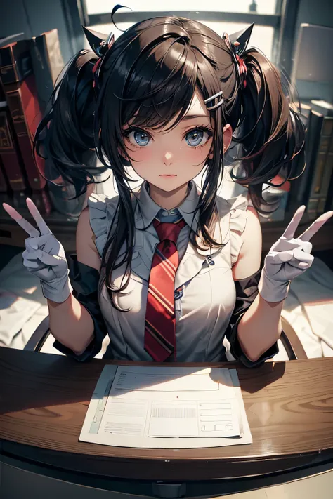 masterpiece, best quality, twitch-chan, hairclip, hair ornament, collared shirt, sleeveless, necktie, gloves, sitting behind a desk, looking at viewer, smile, waving, bedroom, bed, computer mouse, keyboard 