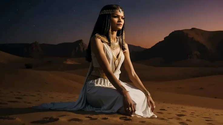 zendaya portrayed as Cleopatra,wearing a light white dress, sitting on the desert sand crying, night time,phothotorealistic scene, dramatic, cinematic, 4k resolution, hyperdetailed, dramatic scene, front view, full body, 