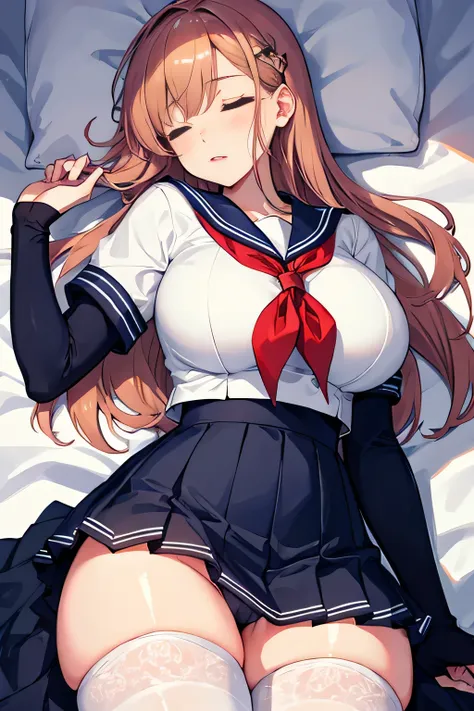 highest quality、High resolution、detailed background、beautiful and detailed face、beautiful and smooth skin、skin texture、professional lighting、Beautiful teenage girl、(huge breasts:1.1)、Lying on a hotel bed、sleeping in bed、unprotected sleeping face、cute hairs...