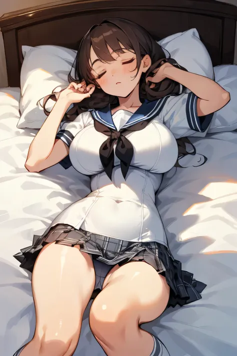 highest quality、High resolution、detailed background、beautiful and detailed face、beautiful and smooth skin、skin texture、professional lighting、Beautiful teenage girl、(huge breasts:1.1)、Lying on a hotel bed、sleeping in bed、unprotected sleeping face、cute hairs...