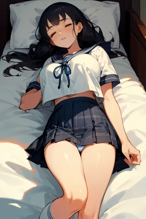 highest quality、High resolution、detailed background、beautiful and detailed face、beautiful and smooth skin、skin texture、professional lighting、Beautiful teenage girl、(huge breasts:1.1)、Lying on a hotel bed、sleeping in bed、unprotected sleeping face、cute hairs...