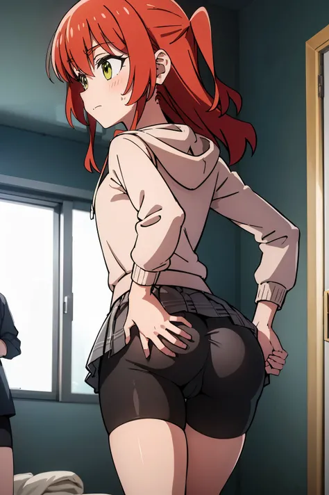 1 girl, hdr, ikuyo kita, red hair, one side up, long hair, green eyes, hoodie, pink hoodie, long sleeves, grey skirt, plaid skirt, bike shorts, black bike shorts, standing, open mouth, plaid, room, solo, from behind, looking ass, ass focus, grabbing ass, f...