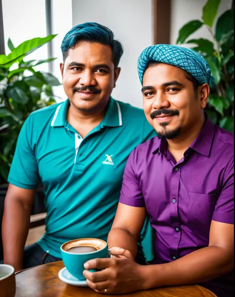 Indonesian vocalis, Ariel noah from Indonesian sitting with 30 year old man short hair wear blue shirt, enjoying coffea together, half body, XF IQ4, 150MP, 50mm, ISO 1000, 1/250s, natural light, Adobe Lightroom, photolab, Affinity Photo, PhotoDirector 365