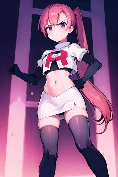 masterpiece, best quality, 
1girl, solo, angry, team rocket,team rocket uniform,white skirt,red letter R,crop top,black thigh-highs,black elbow gloves