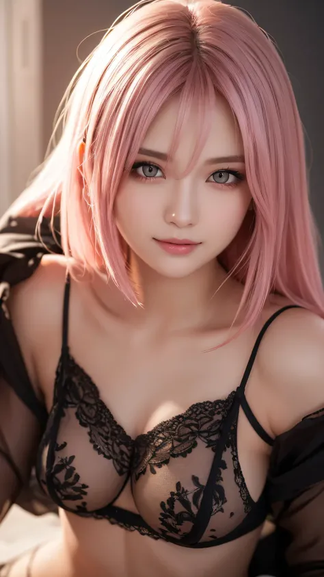 1 girl, (highest quality:1.4), (super detailed), (detailed light), (Highly detailed beautiful face), wonderful face and eyes, gentle smile, pink hair, pink eyes, Beautiful sheer lace details, beautiful breasts, Highly detailed CG integrated 8k wallpaper, H...