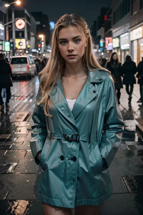 8k photographic portrait of a Matylda, A 21 year old girl, cabello rubio claro y ojos azules. (aunque algunos vean tus ojos verdes, o gris). Eres alto y flaco, pero tienes una bonita figura. en un impermeable rojo, mirando a la camara, En un bullicioso cru...