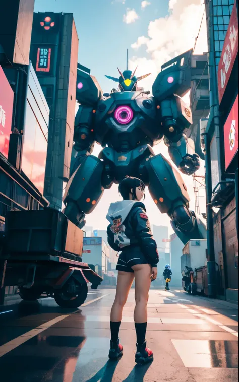 Anime girl in short shorts and jacket standing next to a giant robot, artwork in the style of Gweiz, cyberpunk anime girl mecha, trending on cgstation, Gweiz, Written by Russell Dongjun Lu, digital cyberpunk anime art, lost run 8k, Gweiz on artstation pixi...