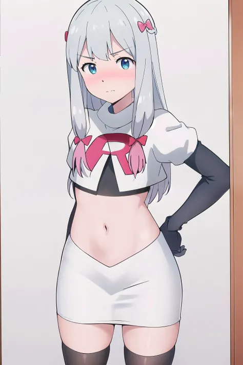 detailed,masterpiece,ultra-detailed,solo,(white background:1.3),izumi_sagiri,bow, pink_bow, long_hair,silver hair,hair_bow,  nose blush, team rocket,team rocket uniform,white skirt,red letter R,crop top,black thigh-highs,black elbow gloves