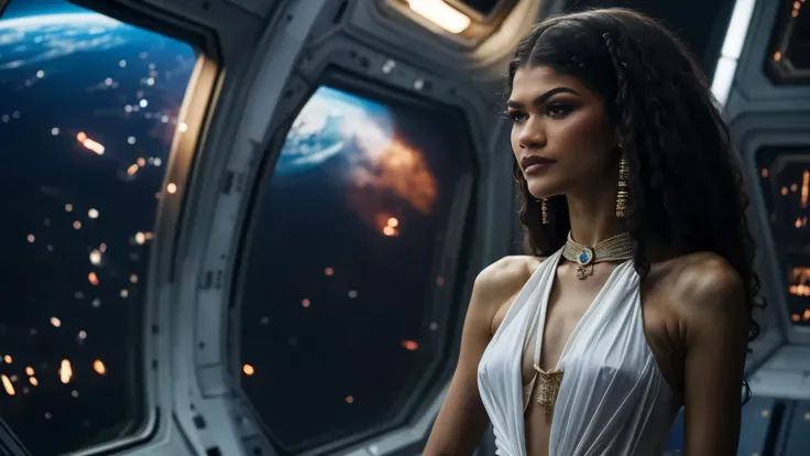 zendaya portrayed as Cleopatra,wearing a light white dress, inside a spaceship with blue lights inside, night time, phothotorealistic scene, dramatic, cinematic, 4k resolution, hyperdetailed, dramatic scene, back view, down angle