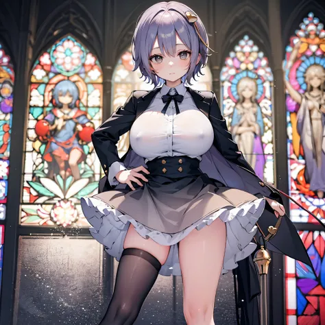 Satori toho character, (solo), (standing), (stained glass), BREAK, short hair, (huge perky breasts), bursting breasts, (inconceivably thin waist:1.2), very long legs, BREAK, (black blazer:1.2), (black thighhighs:1.2), (very short black miniskirt:1.2), high...