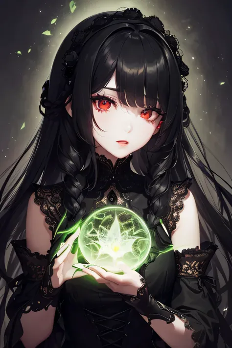 1 girl,Depps Sense,confused,catch light,Super beautiful illustration,(plant magic,Plant manipulation),((black color,long hairstyles:1.3)),dark dark eyeshadow,(((delicate and detailed red eyes))),bright red lipstick,Gothic Lolita,;d,beautiful and delicate h...