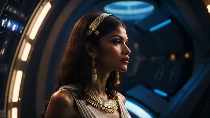 zendaya portrayed as Cleopatra,wearing a light white dress, inside a spaceship with blue lights inside, night time, phothotorealistic scene, dramatic, cinematic, 4k resolution, hyperdetailed, dramatic scene, back view, down angle