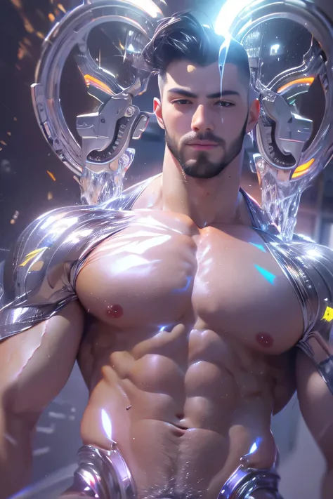 (mid_shot:1.3),(1 male:1.2),(muscle man:1.1),(frontal illumination:1.2),with a silver body and glitters with lights above,extreme iridescent reflection,in the style of vray tracing,vibrantmanga,shiny/ glossy,rococo pastel,fluid form,tinycore,fluid impressi...