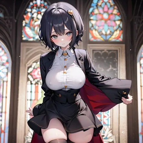 Satori toho character, (solo), (standing), (stained glass), BREAK, short hair, (huge perky breasts), bursting breasts, (inconceivably thin waist:1.2), very long legs, BREAK, (black blazer:1.3), (black thighhighs:1.3), (very short black high-waist skirt:1.3...