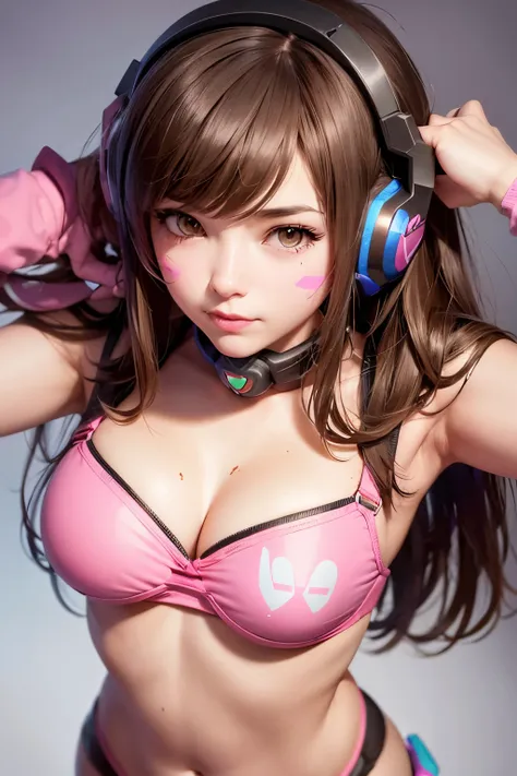 1girl, d.va (overwatch), D.va overwatch with her mech robot, overwatch dva mech, solo, medium length, whisker markings, bikini armor, brown hair, facial mark, gloves, c cup, skinny, brown eyes, headphones, medium breasts, swept bangs, animal print, bangs, ...