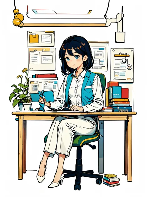 1 girl wearing white shirt and blue vest，pants，sitting，working in an office，long hair，smile，simple background，((anatomically cor...