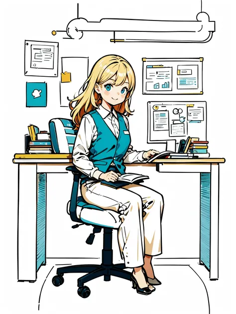 1 girl wearing white shirt and blue vest，Pants，sitting，working in an office，long hair，Smile，simple background，((anatomically correct, ccurate, high details, best quality))