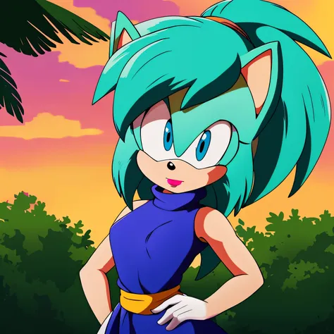 (((bulma as a mobian hedgehog))), (great detail), (tropical background), 1girl, solo, aqua hair, aqua fur, blue eyes, 2d sonic s...