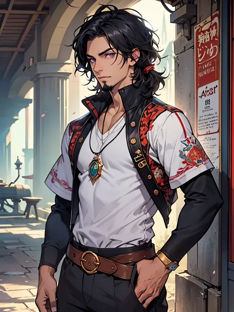 solo, male, (( fair skin, smooth skin)) (regal hair, black hair), purple eyes, detailed face, detailed clothes, detailed face, detailed eyes, goatee, muscular frame, tattered shirt, traveler slacks, accessories, tan trousers, fantasy boots, (fantasy desert...