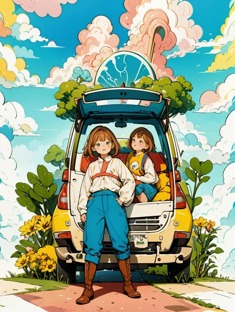 1girl,flower, tree, ground vehicle, rabbit, outdoors, pink flower, brown hair, cloud, grass, long sleeves, sky, vest, yellow flo...