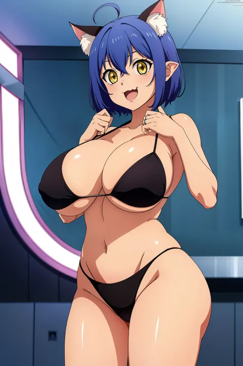 Best Quality, High resolution,(The bikini:1.4), ring announcer(shinmai maou no testament burst),maonyan,cat demon girl,brack cat ear,brack cat tail,ahoge,fang,blue hair,yellow eyes,(Huge breasts:1.2), (large areola), (areolae slip:1.2), (:3:1.4), Happy, Sm...