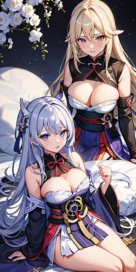  2 Girl , genshin impact, raiden shogun sitting near yae miko expression horny