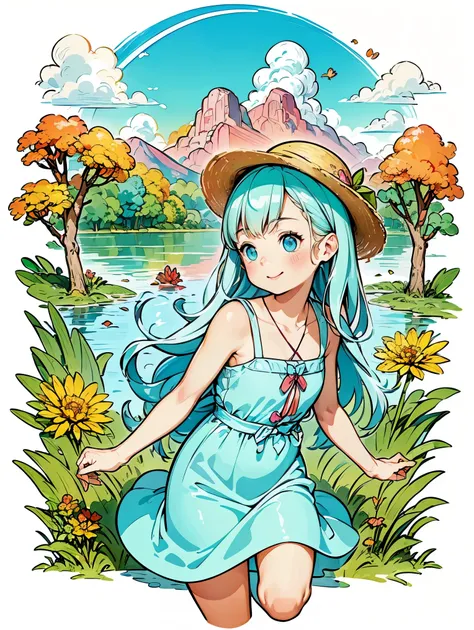 ((masterpiece, best quality))，(super detailed)，(watercolor painting:1.2), 1 cute girl，straw hat，flowering，light cyan hair，very l...