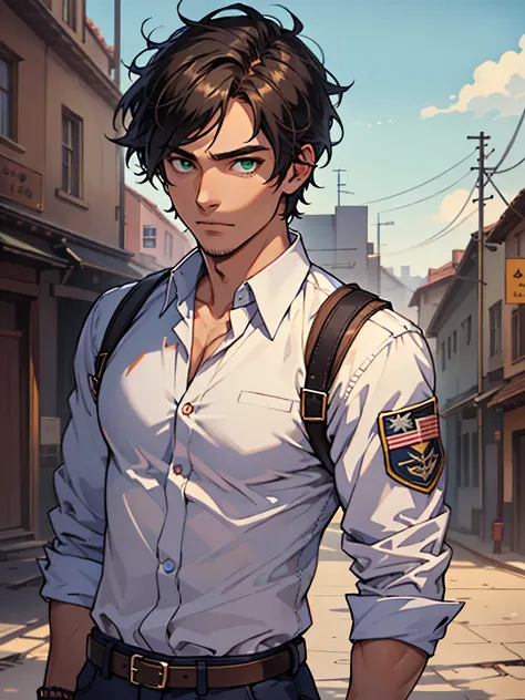 solo, male, (( fair skin, smooth skin)) (regal hair, black hair), light brown hair, green eyes, detailed face, detailed clothes, detailed face, detailed eyes, muscular frame, tattered shirt, young, traveler slacks, accessories, tan trousers, RPG, full body...